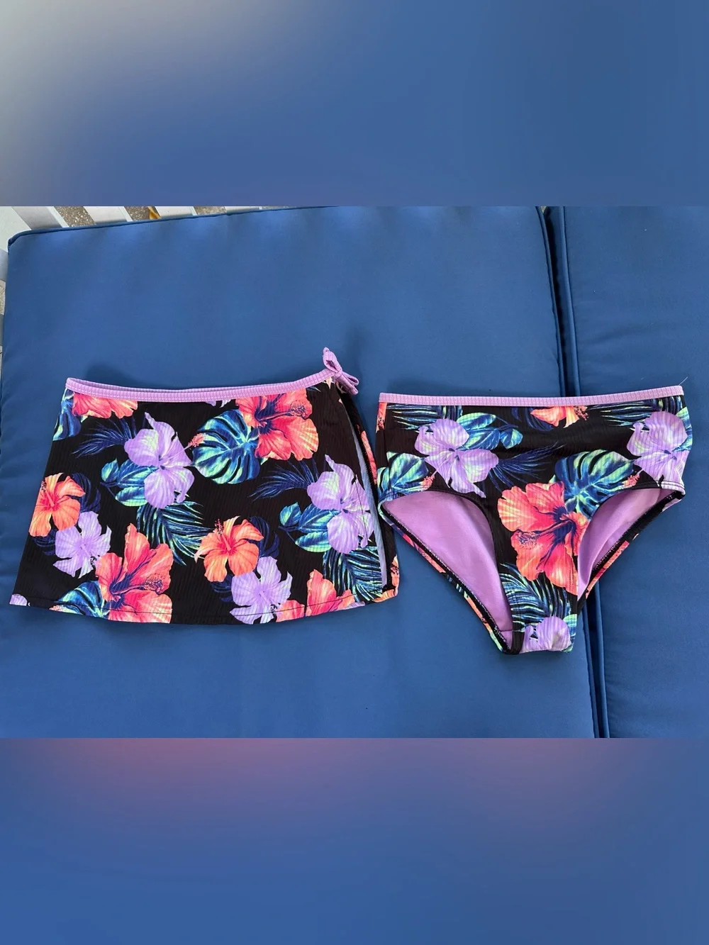 Justice Tropical Floral Two-Piece Swim Set - Purple & Coral Hibiscus Size 10